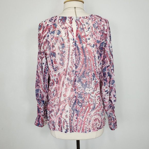 Belle & Sky Blue Red Cream Semi Sheer Pullover Top w/Shirring, L - Picture 6 of 10